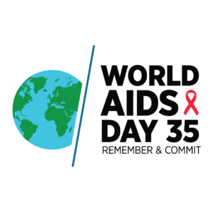 Image of the world with text next to it saying World AIDS Day 35 Remember & Commit.